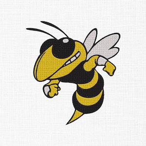 May include: A cartoon illustration of a yellow and black bee with white wings. The bee is smiling and appears to be in motion, with its arms and legs extended. The design is likely for apparel or accessories.