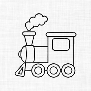 May include: A black and white line art illustration of a steam locomotive train. The design features a rounded front, a tall smokestack with a cloud of smoke rising above it, a rectangular cabin with a window, and three circular wheels below.