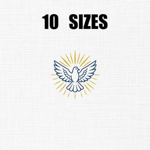 Op de afbeelding: Een witte duif met blauwe omtrek vleugels en een geel sunburst ontwerp. De tekst "10 MATEN" wordt in vette zwarte letters boven de duif illustratie weergegeven, tegen een witte achtergrond.