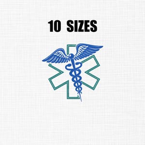 May include: A blue and teal medical symbol with wings and a staff, set within a teal star of life. The words "10 SIZES" are printed in bold black letters above the symbol, on a white textured background.