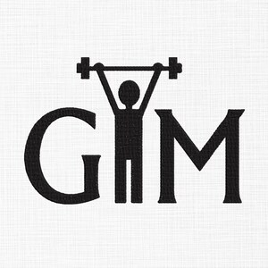 May include: A black embroidered design on a white fabric background featuring the letters G and M with a stylised stick figure lifting a barbell overhead in place of the letter Y to spell the word GYM in a bold, clean, sans-serif typeface.