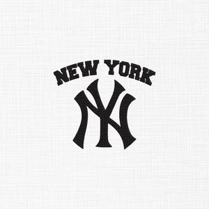 May include: A black embroidered New York Yankees logo featuring the iconic interlocking NY letters with the words NEW YORK arched above in a bold, serif font, all set against a white fabric background with a visible woven texture.