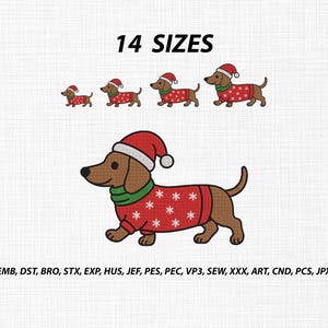 May include: An embroidery design featuring a brown dachshund wearing a red sweater with white snowflakes, a green scarf, and a Santa hat. The text 14 SIZES appears at the top, and a list of file formats including EMB, DST, BRO, STX, EXP, HUS, JEF, PES, PEC, VP3, SEW, XXX, ART, CND, PCS, JPX is at the bottom.
