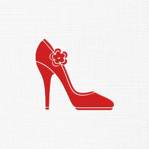 May include: A bright red high-heeled shoe with a pointed toe and a slim stiletto heel. The shoe features a decorative flower applique positioned on the side near the opening, rendered in a flat, solid red color against a white textured background.