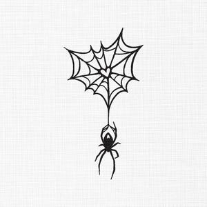 Peut inclure: Une illustration à l'encre noire représentant une araignée suspendue à une toile. La toile est de forme triangulaire et comporte un petit symbole de cœur en son centre. L'araignée est représentée avec huit pattes et suspendue par un fil.