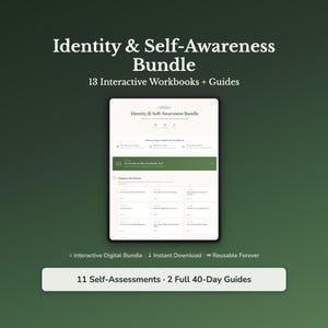 Könnte beinhalten: Ein digitales Identity & Self-Awareness Bundle mit 13 interaktiven Arbeitsbüchern und Leitfäden auf einem Tablet-Bildschirm. Der Text umfasst 11 Selbsteinschätzungen und 2 vollständige 40-Tage-Leitfäden sowie Hinweise auf interaktives digitales Bundle.