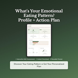 May include: A digital tablet displays a self-assessment and action plan related to emotional eating patterns. The screen shows data visualizations and the text "What's Your Emotional Eating Pattern? Profile + Action Plan." Additional text includes "Discover Your Eating Pattern Get Your Personalized Plan."