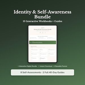 Puede incluir: Un paquete de productos digitales titulado "Identity & Self-Awareness Bundle" con 10 cuadernos de trabajo y guías interactivas. La imagen muestra una tableta que muestra el contenido del cuaderno de trabajo. El paquete incluye 8 autoevaluaciones y 2 guías completas de 40 días.