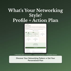 Könnte beinhalten: Ein digitales Tablet zeigt ein Networking-Stil-Profil und einen Aktionsplan. Der Text "What's Your Networking Style? Profile + Action Plan" steht oben. Darunter steht der Text "Discover Your Networking Pattern Get Your Personalized Plan."