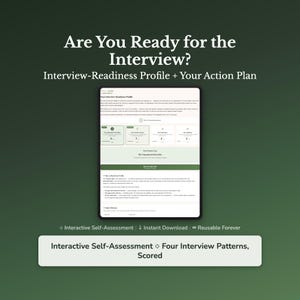 May include: A digital tablet displays an Interview-Readiness Profile and Action Plan with white text on a dark green background. The screen shows a scored assessment with four interview patterns, text sections, and a quick reference guide.