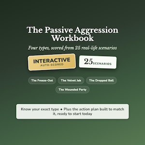 May include: The Passive Aggression Workbook with text: Four types, scored from 25 real-life scenarios. Features interactive auto-scored buttons, 25 scenarios, and labels for The Freeze-Out, The Velvet Jab, The Dropped Ball, and The Wounded Party.