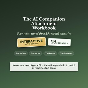 Könnte beinhalten: Das AI Companion Attachment Workbook mit dem Text Four types, scored from 25 real-life scenarios, Interactive Auto-Scored, 25 Scenarios, The Default, The Anchor, The Retreat, The Confidant und Know your exact type plus the action plan.