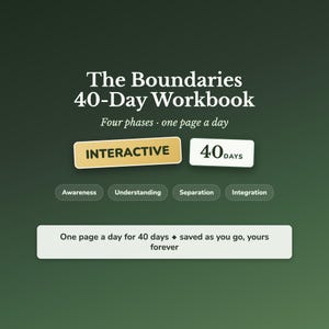 May include: The Boundaries 40-Day Workbook with text reading Four phases · one page a day, INTERACTIVE, 40 DAYS, Awareness, Understanding, Separation, Integration, and One page a day for 40 days ♦ saved as you go, yours forever on a dark green background.