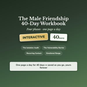 Op de afbeelding: Het The Male Friendship 40-Day Workbook met de ondertitel Four phases, one page a day. Bevat interactieve knoppen met de tekst INTERACTIVE en 40 DAYS, plus secties voor The Isolation Audit, The Vulnerability Barrier, Recurring Contact en Emotional Range.