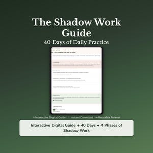 Peut inclure: Un guide numérique intitulé "The Shadow Work Guide" avec le sous-titre "40 jours de pratique quotidienne". L'image montre une tablette affichant le contenu du guide. Le guide est décrit comme un guide numérique interactif avec 4 phases de travail de l'ombre.
