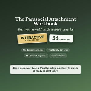 May include: The Parasocial Attachment Workbook features four types scored from 24 real-life scenarios. It includes interactive auto-scored elements, 24 scenarios, and categories for The Companion-Seeker, The Identity-Borrower, The Comfort-Regulator, and The Substituter. It offers an action plan.