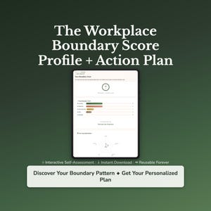Puede incluir: Una tableta digital muestra un perfil de puntuación de límites en el lugar de trabajo y un plan de acción. La pantalla muestra una puntuación de límites, un desglose de puntuaciones y un diagrama. El texto de la imagen dice "The Workplace Boundary Score Profile + Action Plan."