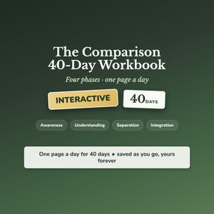 May include: The Comparison 40-Day Workbook with the text Four phases · one page a day. Features interactive buttons labeled INTERACTIVE and 40 DAYS, plus four smaller buttons labeled Awareness, Understanding, Separation, and Integration.