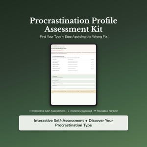 May include: A digital tablet displays a self-assessment form. The text on the screen reads "Procrastination Profile Assessment Kit." Additional text includes "Find Your Type" and "Interactive Self-Assessment." The background is a gradient of green.