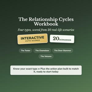 Könnte beinhalten: Das Relationship Cycles Workbook umfasst vier Typen, bewertet anhand von 20 realen Szenarien. Es enthält interaktive, automatisch ausgewertete Elemente, 20 Szenarien sowie Bezeichnungen für The Tester, The Chameleon, The Door-Slammer und The Volcano. Der Text lautet: Know your exact type plus the action plan built to match it, ready to start today.