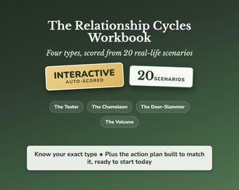 May include: The Relationship Cycles Workbook features four types scored from 20 real-life scenarios. It includes interactive auto-scored elements, 20 scenarios, and labels for The Tester, The Chameleon, The Door-Slammer, and The Volcano. Text reads: Know your exact type plus the action plan built to match it, ready to start today.