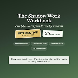 May include: The Shadow Work Workbook with text reading Four types, scored from 25 real-life scenarios, INTERACTIVE AUTO-SCORED, 25 SCENARIOS, The Hidden Judge, The Invisible Giver, The Silent Ruler, The Escape Artist, and Know your exact type.