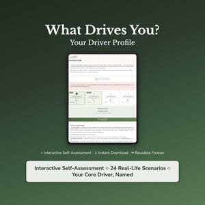 Könnte beinhalten: Ein digitales Tablet zeigt eine Fahrerprofil-Bewertung mit dem Text What Drives You? Your Driver Profile. Der Bildschirm zeigt numerische Werte für vier Kategorien, einen Abschnitt für den Hauptantrieb und erklärenden Text zur Selbsteinschätzung.
