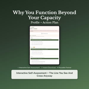 May include: A digital tablet displays a self-assessment quiz titled "Why You Function Beyond Your Capacity." The screen shows a list of questions. Below the tablet, a banner reads "Interactive Self-Assessment The Line You See And Cross Anyway."
