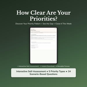May include: A digital tablet displays a self-assessment document with the title "How Clear Are Your Priorities?" The image includes the text "Discover Your Priority Pattern" and "Interactive Self-Assessment." The bottom banner reads "Interactive Self-Assessment • 5 Priority Types • 24 Scenario-Based Questions."