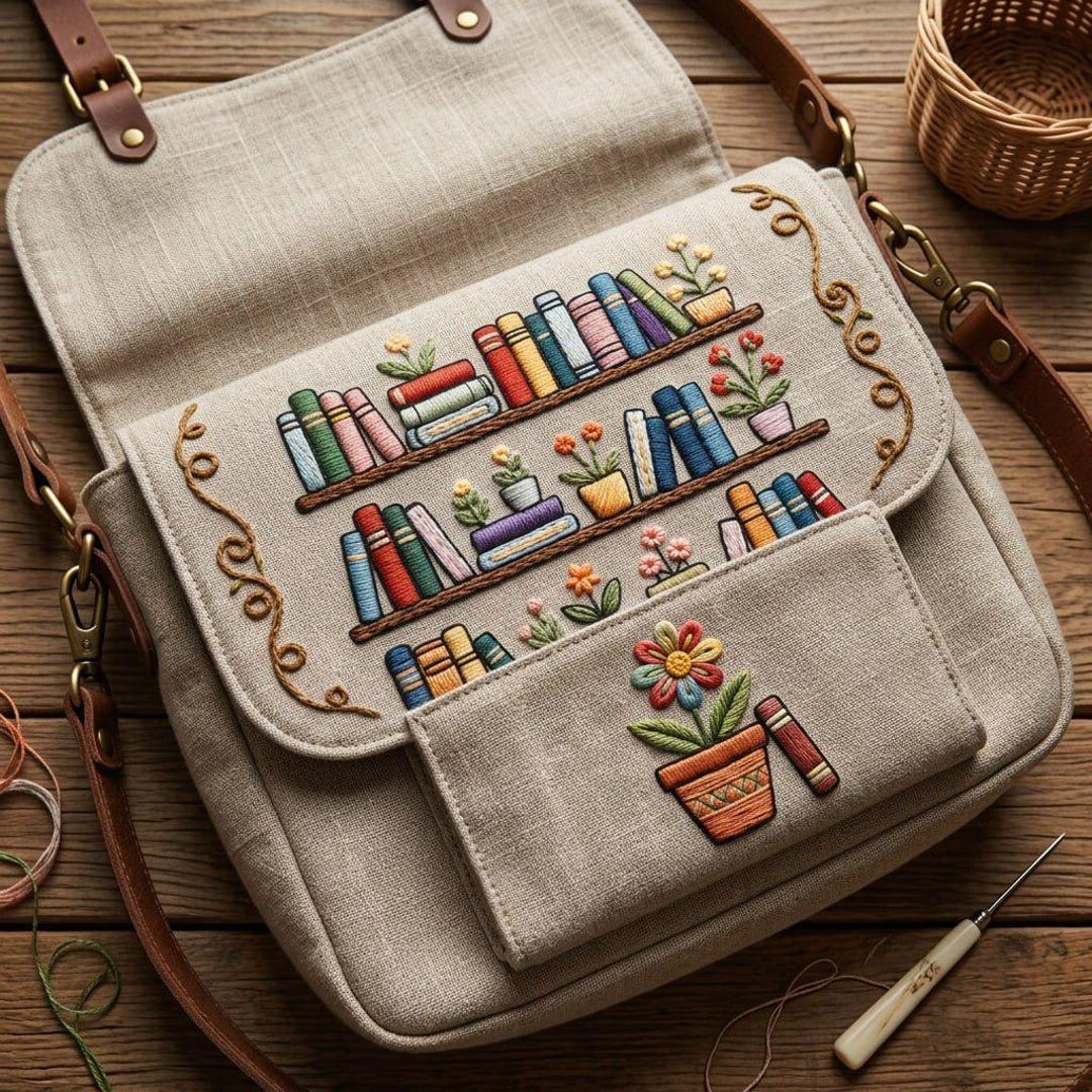 Bookshelf Floral Embroidery Design, Cozy Book Lover Stitch Art (digital ...