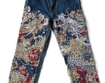 Pantalones vaqueros de mezclilla azul japonesa Hanachō Fugetsu de 30" con bordado de doble dragón para hombre, talla 30.