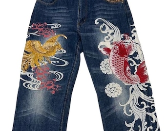 Pantalones vaqueros unisex Karakuri Tamashii 30" Koi Phoenix Japanese Embroidered Waves Denim Jeans 30 inch mc