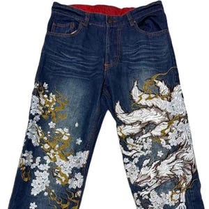 32" Nine-tail Fox Embroidered Japanese Denim Custom Patch Blue Jeans 32 inch waist Fugetsu