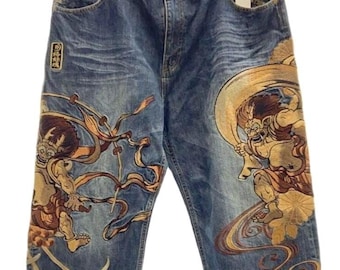 Karakuri Tamashii 42" Embroidered Jeans: Raijin Fujin Japanese Gods Blue Denim mens XXL st