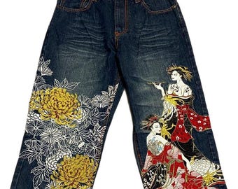 Hanachō Fugetsu 32" geisha geborduurde samurai kimono Japanse denim jeans unisex 32 inch mc