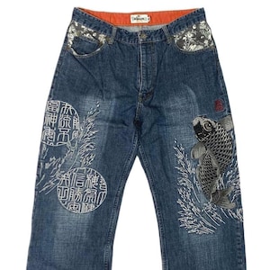 34" Embroidered Carp Koi Fish Japanese Denim Custom Patch Jeans Men's 34 waist karakuri