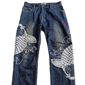 32" Embroidered Jeans Koi Carp Fish Japanese Denim Custom Patch 32 inch karakuri