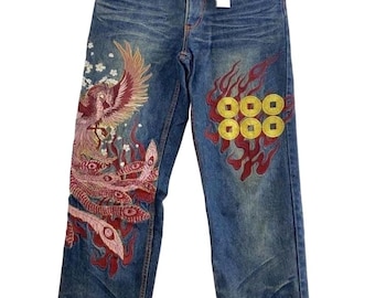 Hanachō Fugetsu 31" geborduurde Phoenix Japanse symbolen blauwe denim jeans, uniseks 30 inch mc