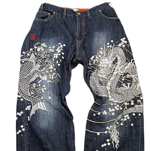 43" Embroidered Dragon Koi fish Japanese Denim Custom Patch Jeans Men's 43 waist karakuri