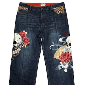 40" Embroidered Jeans Skulls Snake Flowers Blue Japanese Denim Custom Patch wide men's 40 karakuri