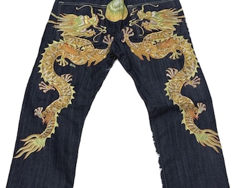 32" Embroidered Jeans Gold Dragon Japanese Denim Men's 32 inch sugoi