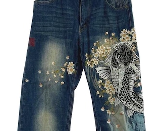 Karakuri Tamashii 30" Embroidered Jeans Koi Flame Blue Japanese Denim 30 inch oko