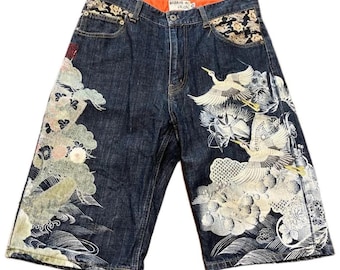 32" Bestickte Denim Shorts Kurze Jeans Jorts Weiß Japanische Design Herren karakuri