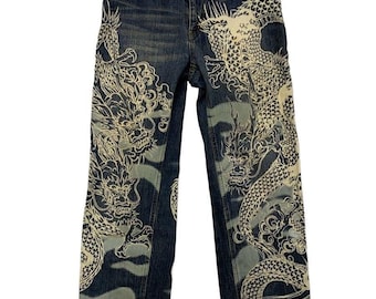 Karakuri Tamashii 30" Jeans ricamati con motivo drago Denim giapponese blu oro 30 pollici