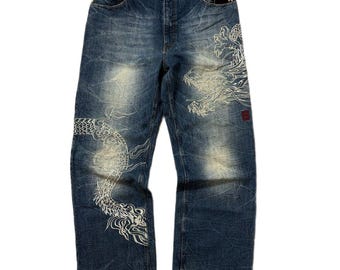 Pantalones vaqueros de mezclilla japonesa Karakuri Tamashii de 38" con dragón blanco bordado para hombre, talla 38 de cintura mc