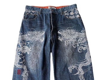 Karakuri Tamashii 36" Pantalones cortos vaqueros bordados Jort Dragón blanco Denim japonés 36 pulgadas mc