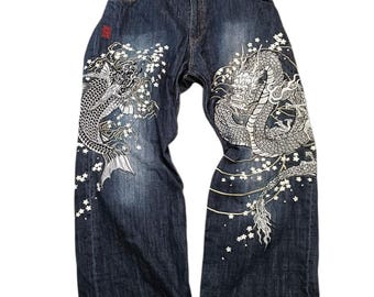 Karakuri Tamashii 43 "Gestickter Drache gegen Koi-Fisch Japanische Denim-Jeans Herren 43 Taille mc