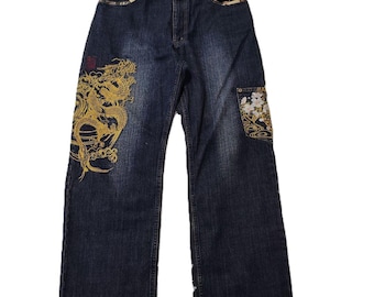 Karakuri Tamashii 34" Embroidered Jeans Golden Dragon Blue Japanese Denim 34 inch mc