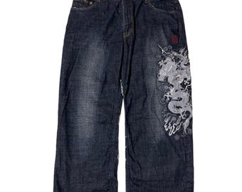 Karakuri Tamashii 40" dragon embroidered jeans XL Japanese blue denim, Men's 40 inch mc