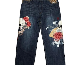 Karakuri Tamashii 40" Embroidered Jeans Skulls Snake Flowers Blue Japanese Denim 40 inch mc